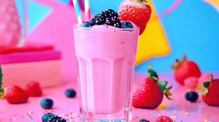   A tall glass of smoothie with strawberries and blueberries on a pink table, adorned with confetti and sprinkles