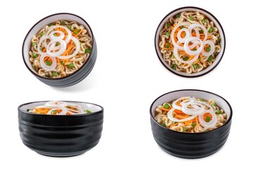 Ramen noodles with carrots and onion slices in a bowl on a white isolated background