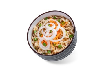 Ramen noodles with carrots and onion slices in a bowl on a white isolated background