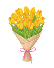 Bouquet of yellow tulips. A floral bouquet in a paper wrapper with a pink ribbon. Yellow flowers for the holiday. Vector illustration.