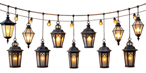 Hanging lantern string lights isolated on transparent background