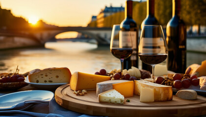 luxury picnic with cheese plateau and wine by the Seine river Paris, golden hour
