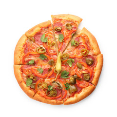 Delicious hot pizza Diablo isolated on white, top view