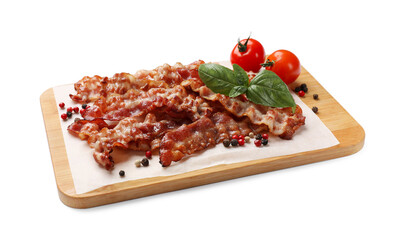 Slices of tasty fried bacon, tomatoes and spices isolated on white