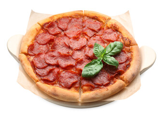 Tasty hot pepperoni pizza isolated on white