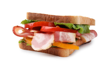 Tasty sandwich with bacon and bell pepper isolated on white