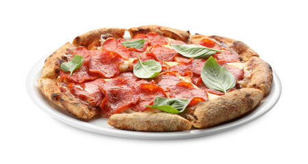 Tasty pepperoni pizza with basil isolated on white