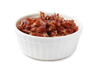 Slices of tasty fried bacon in bowl isolated on white