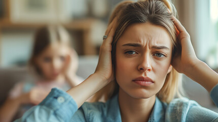 Fototapeta premium : a woman has headache and stress because of children's problems , children on background .A mother suffers from headaches, tension and psychological pressure due to her children’s problems
