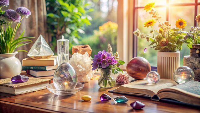 Elegant, organized workspace with crystals, flowers, and astrology books, surrounded by soft natural light, evoking the meticulous and analytical nature of a Virgo woman.