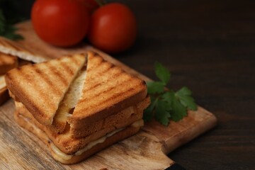 Pieces of toasted bread with melted cheese, tomatoes and parsley on wooden table, closeup. Space for text