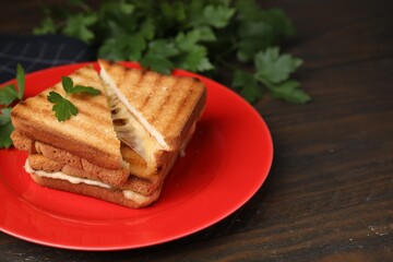 Pieces of toasted bread with melted cheese and parsley on wooden table, closeup. Space for text
