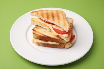 Pieces of toasted bread with melted cheese and tomato on green table, closeup