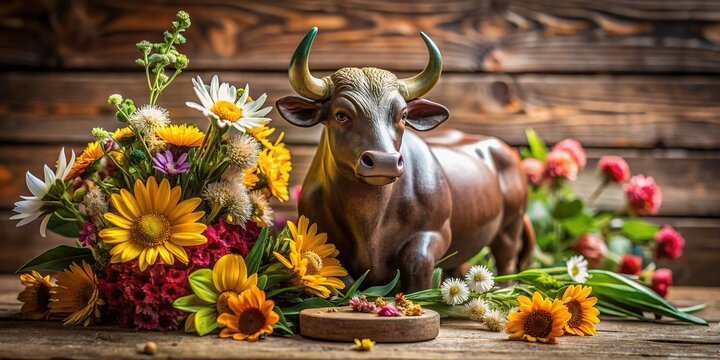 A serene and earthy still life composition featuring a bull figurine, flowers, and a rustic background, evoking the dependable and grounded Taurus woman's essence.