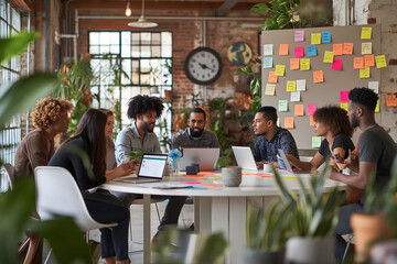 Obraz premium Office collaboration at bright open-plan coworking space - team of colleagues brainstorming with laptops, tablets, smartphones, sticky notes on the walls, casual professional atmosphere.