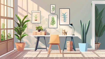 A home office desk with a wooden chair, lamp, and framed artwork, surrounded by plants and bathed in sunlight