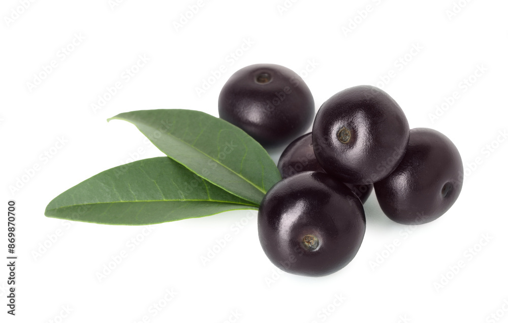 Wall mural Fresh ripe acai berries and green leaves isolated on white - Wall murals