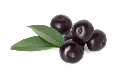 Fresh ripe acai berries and green leaves isolated on white