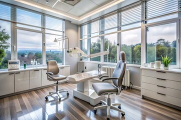 A modern dental clinic interior with a sleek white chair, stainless steel instruments, and a large window providing natural light for a comfortable atmosphere.