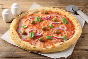 Delicious vegetarian pizza on wooden table, closeup
