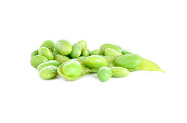 Raw green edamame pod with soybeans isolated on white