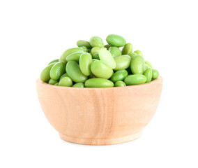 Raw green edamame soybeans in bowl isolated on white