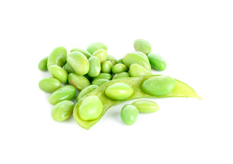 Raw green edamame pod with soybeans isolated on white