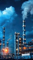 Obraz premium Industrial plant with tall chimneys and smoke set against a dramatic sky.