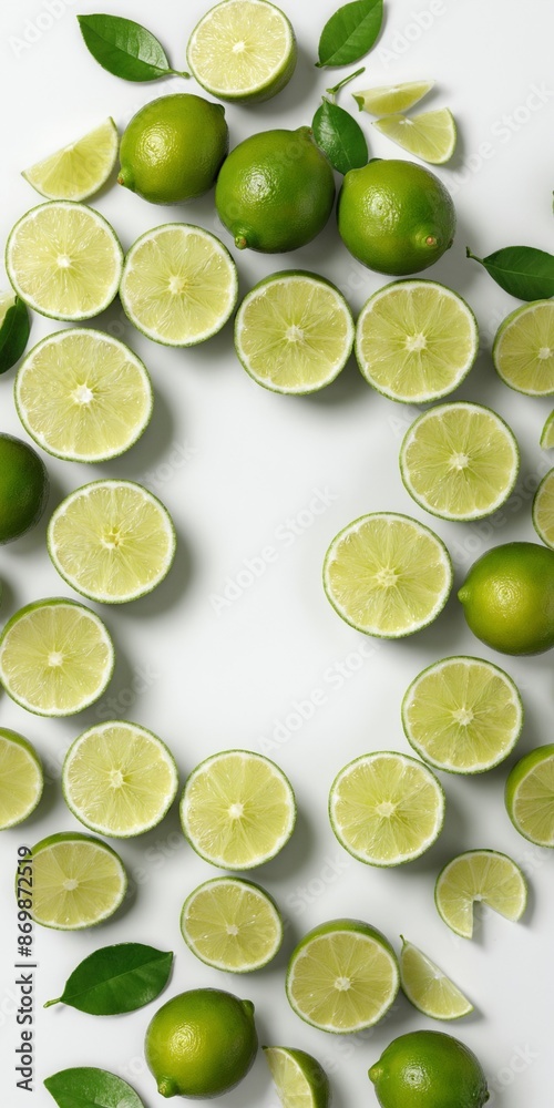 Wall mural Green lime fruits on white. Top view flat lay - Wall murals