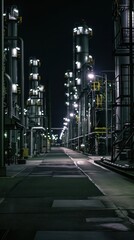 Industrial facility at night with tall illuminated structures.