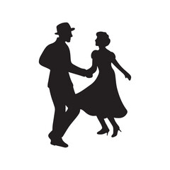 Beautiful retro vintage couple dancing salsa on festival in black isolated on white background. Hand drawn vector silhouette illustration. Dancing classes, retro theater performance show