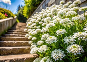 Vibrant white candytuft flowers spill down concrete steps, filling a serene garden with beauty and fragrance, surrounded by lush greenery, on a sunny spring day.