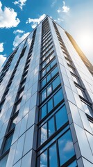 Obraz premium Tall modern skyscraper with reflective windows under bright blue sky.