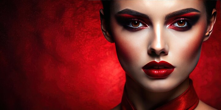 Vibrant red background complements a stunning HD wallpaper featuring a bold, dark makeup-inspired aesthetic, perfect for edgy, creative, and mysterious visual projects.