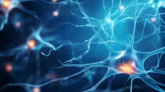 Neuron cells neural network under microscope neuro research science brain signal information transfer human neurology mind mental impulse biology anatomy microbiology intelligence connection system