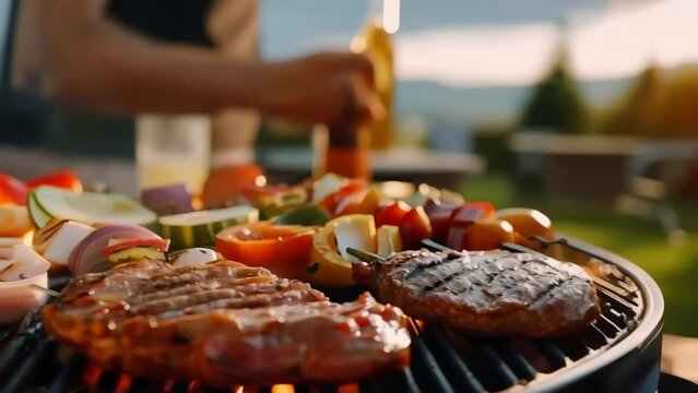 Steak grill bbq close friends hanging out together party backyard summer food preparation tasty dinner grilled meat vegetables open flame lunch enjoyment joy friendship colleagues family weekend