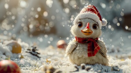 Obraz premium Cute Bird in Santa Hat on Snowy Day. Adorable bird wearing a Santa hat and scarf, standing on snow-covered ground with holiday decorations in the background.