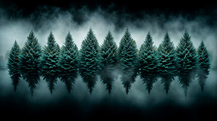 Obraz premium Ethereal Forest Scene with Misty Fog and Perfect Symmetrical Reflection of Pine Trees, Creating a Surreal Atmospheric Landscape