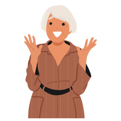 Happy Elderly Woman With Short White Hair, Wearing A Brown Outfit Has A Surprised And Joyful Expression, Hands Raised