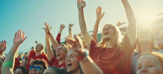 Excited fans cheering with raised hands at a live sports event in bright sunlight