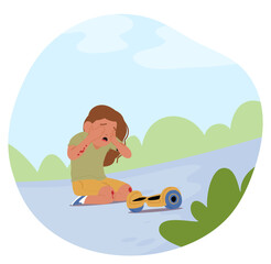 Cartoon Illustration Of Child Crying After Hoverboard Accident In A Park. Vector Illustration Shows A Distressed Child