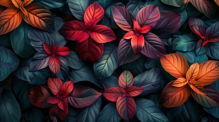 Vibrant Red and Orange Leaves Against a Dark Green Background