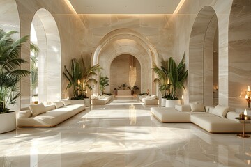 A large, open room with white furniture and plants