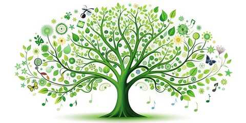 Obraz premium Vibrant green tree with musical notes and eco-friendly symbols blooming from its branches, set against a clean white background, conveying harmony and sustainability.