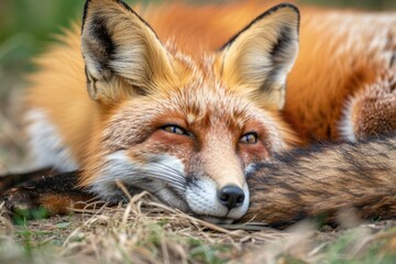 Red Fox, close-up portrait of the whole body laying on its belly in an outdoor environment Generative AI