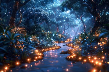 A forest with a stream of light shining through the trees