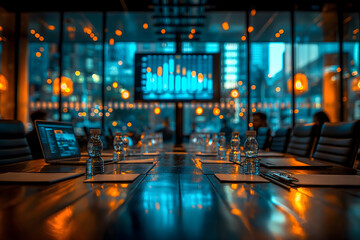 Corporate Team Meeting: modern office setting with conference table, laptops, notepads, digital screen displaying charts, diverse team members in professional attire.