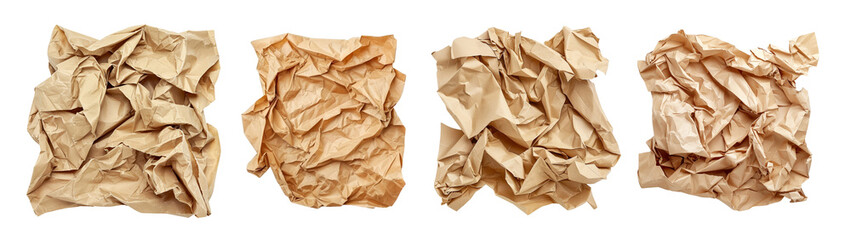 Four crumpled wads brown kraft paper isolated on transparent background, set texture