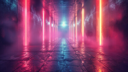 Vibrant neon lights and pixelated shapes floating above an empty grid floor, creating a futuristic background for dynamic video or digital content design.