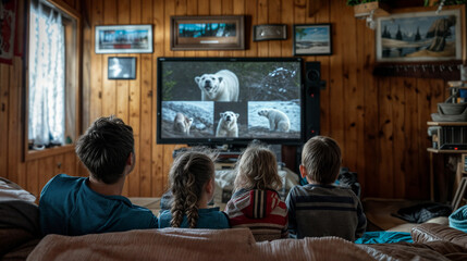 Obraz premium Large Caucasian Family with Children Watching a Polar Bear Documentary at Home, Surrounded by Winter Themed Decorations
